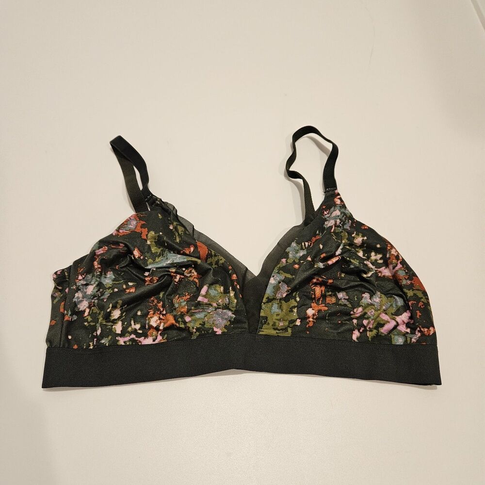 AUDEN Green Floral Unlined Adjustable Straps Mesh Trim Bralette, Size L